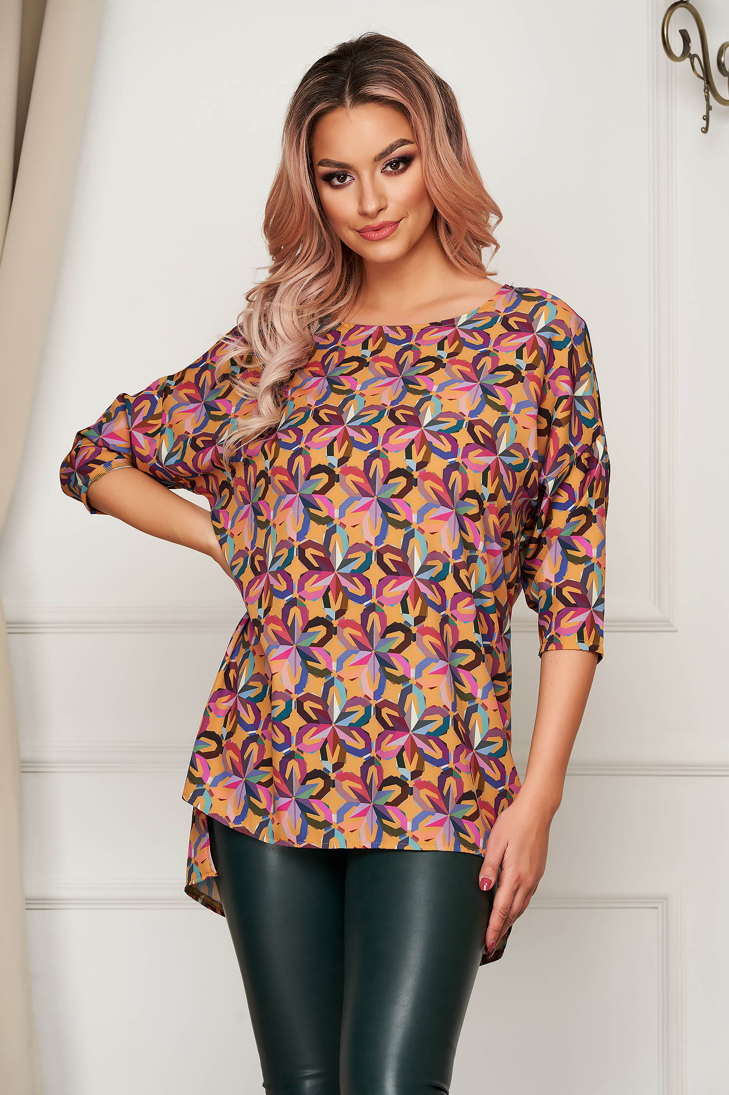 Office asymmetrical women`s blouse StarShinerS super soft skin with rounded cleavage